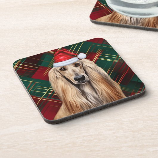 Christmas Afghan Hound Dog Red Plaid Holiday Getränkeuntersetzer (Linke Seite)