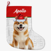 Christmas Akita Dog with Name Woof Background Großer Weihnachtsstrumpf (Vorderseite)