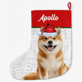 Christmas Akita Dog with Name Woof Background Großer Weihnachtsstrumpf (Rückseite)