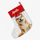 Christmas Akita Dog with Name Woof Background Großer Weihnachtsstrumpf (Rückseite (Hängend))