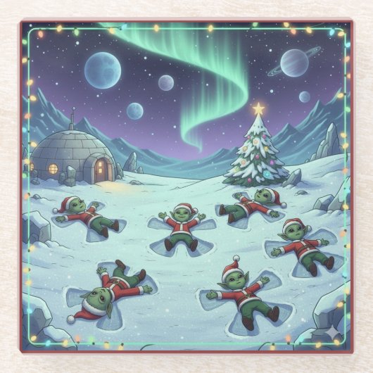 Christmas Alien Snow Angels, Glass Coaster Glasuntersetzer (Vorderseite)