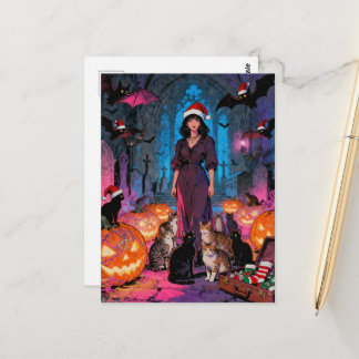 Christmas and Halloween Woman Bats Cats Postkarte