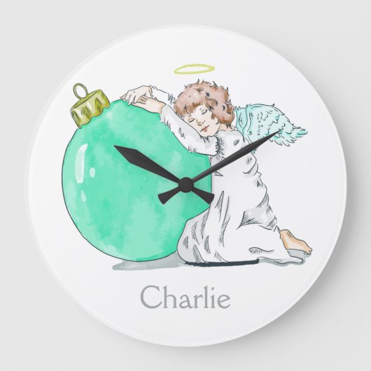 Christmas Angel custom name wall clocks Große Wanduhr (Vorderseite)