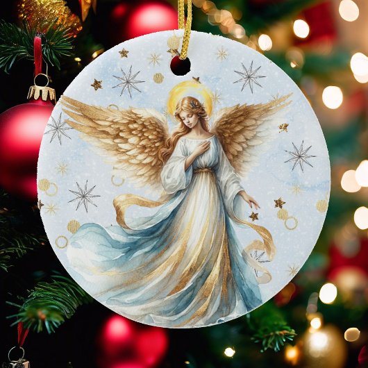 Christmas Angel Gold Blue Watercolor Keramik Ornament