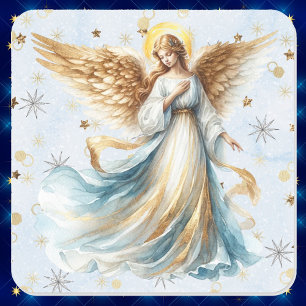 Christmas Angel Gold Blue Watercolor Quadratischer Aufkleber