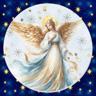 Christmas Angel Gold Blue Watercolor Runder Aufkleber