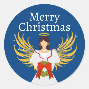 Christmas Angel Modern Wreath Wings Halo Blue Runder Aufkleber