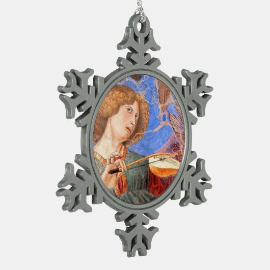 CHRISTMAS ANGEL MUSIK rot, blau türkis Schneeflocken Zinn-Ornament (Links)