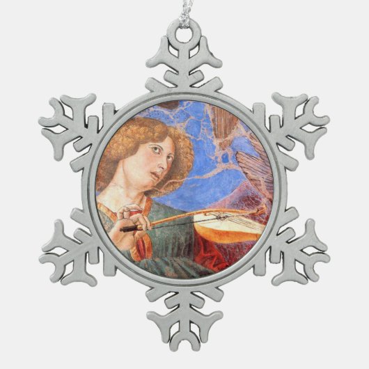 CHRISTMAS ANGEL MUSIK rot, blau türkis Schneeflocken Zinn-Ornament (Vorderseite)