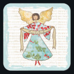 Christmas Angel Personalisiert Quadratischer Aufkleber<br><div class="desc">Sticker mit einem zarten Weihnachtsengel dekoriert. Sie trägt ein blaues,  rotes und grünes Blumenkleid,  und ihre Flügel sind mit einem goldenen Muster gefärbt. Sie hält ein Banner mit der Nachricht 'Weltfrieden',  die Sie personalisieren können. Hintergrund ist verblasste Noten mit blauer Grenze</div>