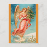 CHRISTMAS angel Postkarte<br><div class="desc">TO WISH YOU A HAPPY CHRISTMAS angel carrying tree flies over snowy land,  village below right.</div>