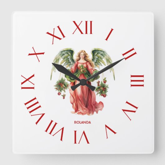 Christmas Angel Rote römische Zahlen Quadratische Wanduhr (Vorderseite)