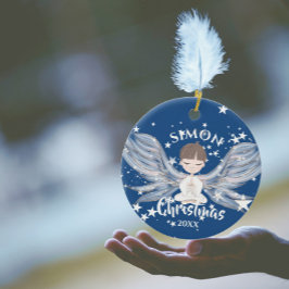 Christmas Angel Stars Foto Blau Niedliche Keramik  Ornament