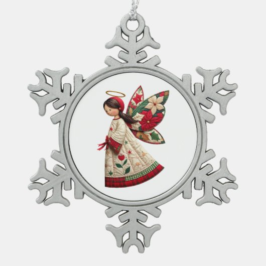Christmas Angel with Holiday Flowers Schneeflocken Zinn-Ornament (Vorderseite)