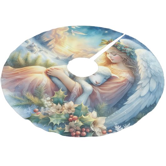 Christmas Angel with Lamb in Winter Peace Polyester Weihnachtsbaumdecke (Schrägansicht)