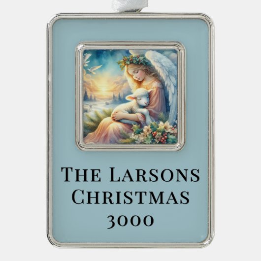 Christmas Angel with Lamb in Winter Peace Rahmen-Ornament Silber (Vorderseite)