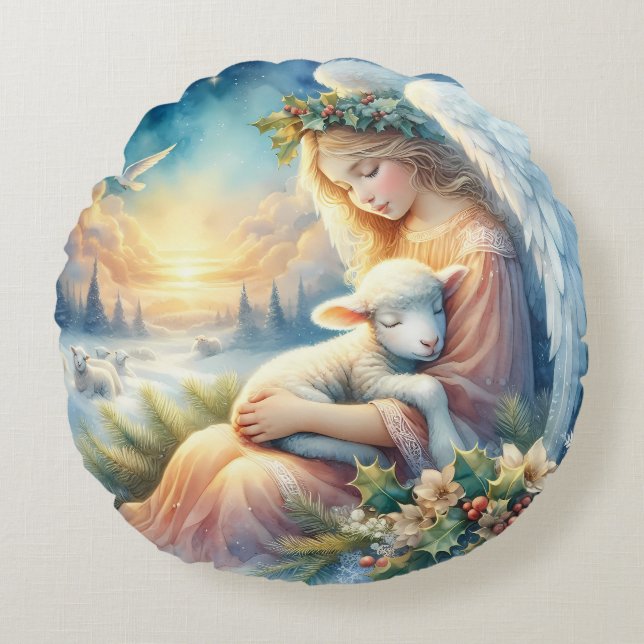 Christmas Angel with Lamb in Winter Peace Rundes Kissen (Vorderseite)