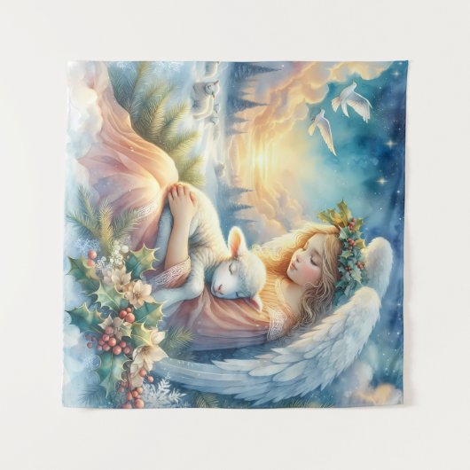 Christmas Angel with Lamb in Winter Peace Wandteppich (Vorderseite (Horizontal))