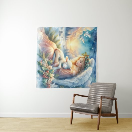 Christmas Angel with Lamb in Winter Peace Wandteppich (Beispiel (Horizontal))