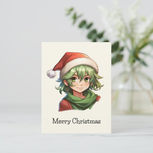 Christmas Anime Elf Portrait Feiertagspostkarte (Stehend Vorderseite)
