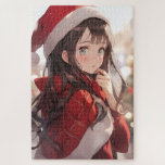 Christmas Anime Girl Puzzle<br><div class="desc">Niedliches Manga-Anime-Mädchen in einem Weihnachtsgeschenk des Weihnachtsmannes gekleidet</div>