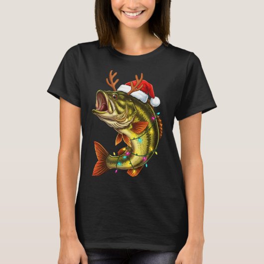 Christmas B Santa Hat With Lights Funny Fishing Xm T-Shirt (Vorderseite)