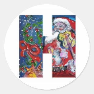 CHRISTMAS B SCHREIBEN / SANTA MIT VIOLIN MONOGRAM RUNDER AUFKLEBER