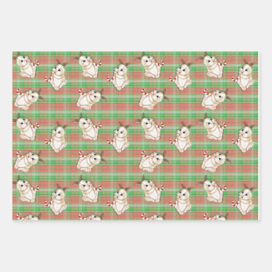 Christmas Baby Bunny Green Red Kariert Fabric Geschenkpapier Set (Vorderseite 3)