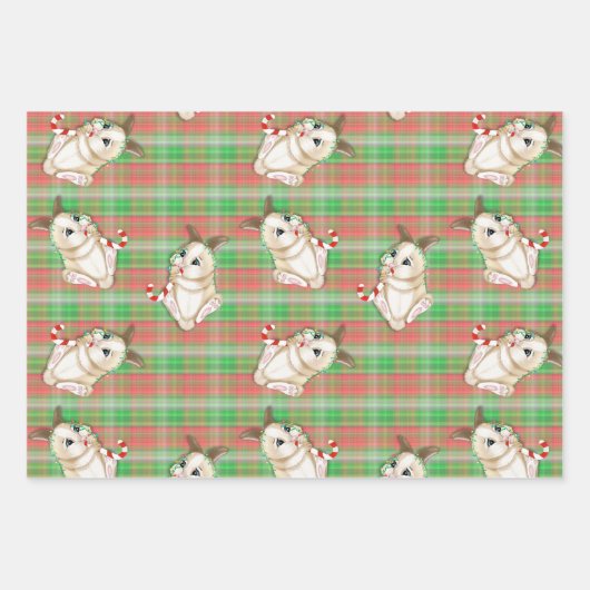 Christmas Baby Bunny Green Red Kariert Fabric Geschenkpapier Set (Vorderseite 2)