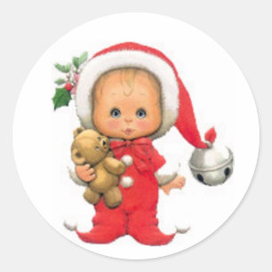 Christmas Baby Elf und Teddy Runder Aufkleber
