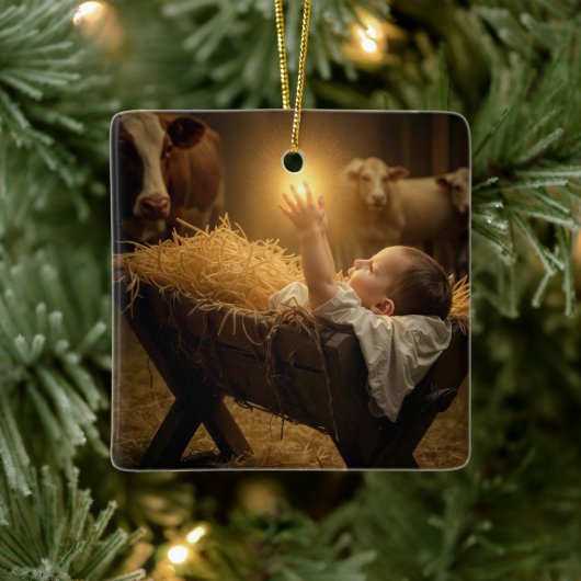 Christmas Baby Jesus In a Manger Keramikornament (Baum)