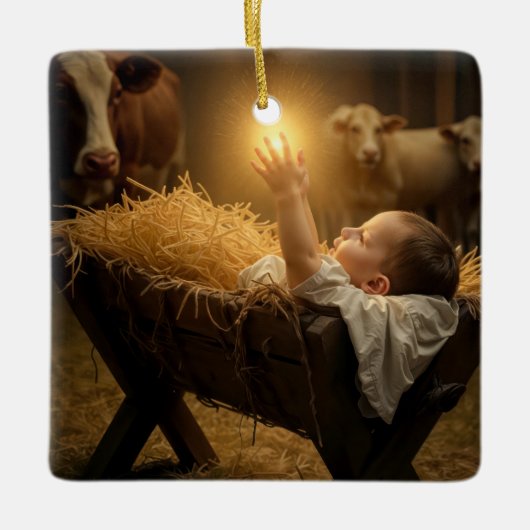 Christmas Baby Jesus In a Manger Keramikornament (Vorderseite)