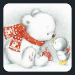 Christmas Baby Polar Bear Kissing Bird Quadratischer Aufkleber<br><div class="desc">Christmas Baby Polar Bear Kissing Bird</div>