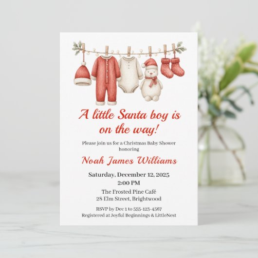 Christmas Baby Shower Boy | Einladung von Santa Ba (Stehend Vorderseite)