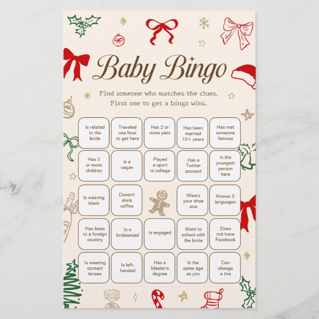 Christmas Baby Shower Find the Guest Bingo Game (Vorderseite)
