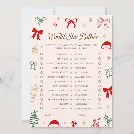 Christmas Baby Shower Would She Rather Game Card Einladung (Vorderseite)