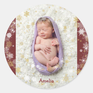Christmas Baby Snowflakes Star Foto und Name Runder Aufkleber