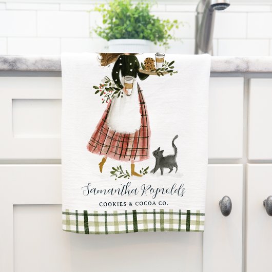 Christmas Baking Lady with Cat Personalized Geschirrtuch