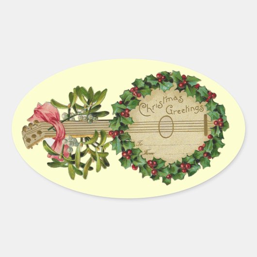 CHRISTMAS BANJO MIT MISTLETOS UND HOLLY BERRIES OVALER AUFKLEBER (Vorderseite)