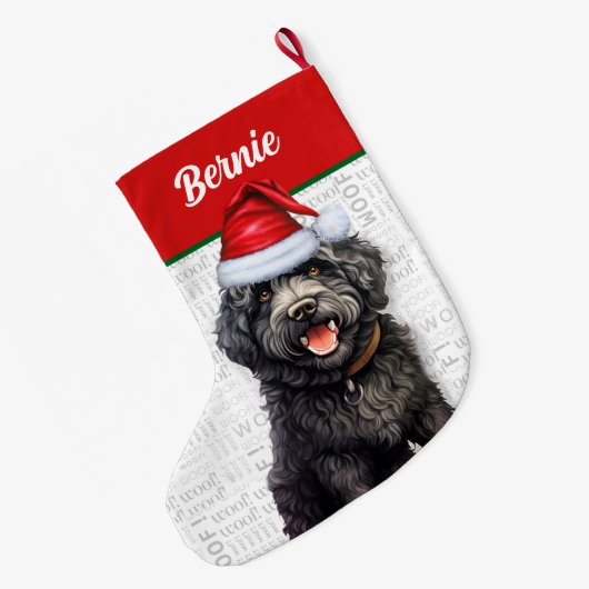 Christmas Barbet Dog Name Woof Großer Weihnachtsstrumpf (Rückseite (Hängend))