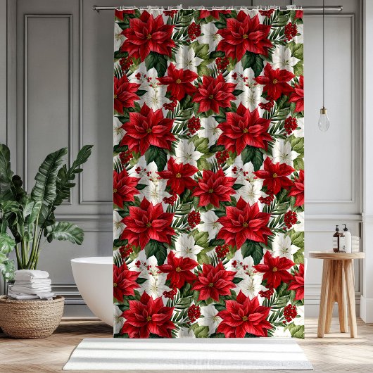 Christmas Bath Curtain Poinsettia Winter Accent Duschvorhang