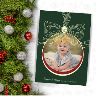 Christmas Bauble & Bow Green Red Foto Card Feiertagskarte