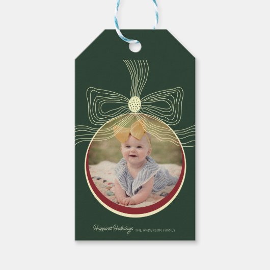 Christmas Bauble & Bow Green Red Foto Geschenkanhänger (Vorderseite)