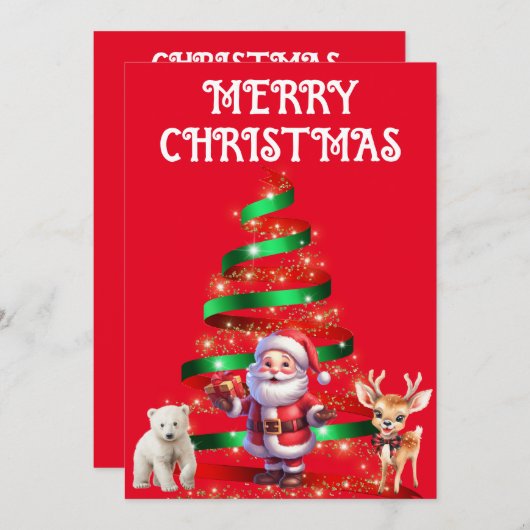 CHRISTMAS BAUM MIT SANTA, DEER & POLAR BEAR EINLADUNG (Vorne/Hinten)