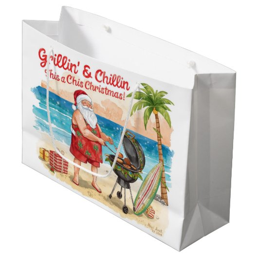 Christmas BBQ Santa at the Beach Florida Große Geschenktüte (Vorderseite Schrägansicht)