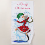 Christmas Beach Towel Snowman and Girl Dance - Fun Strandtuch<br><div class="desc">Happy Snowman and Girl Dance Tango Christmas Party Fun Cartoon Drawing - Choose / Add Your Unique Text / Name / Color - Make Your Special Gift - Resize and move or remove and add elements / text with customization tool ! Drawing and Design by MIGNED. Please see my other...</div>