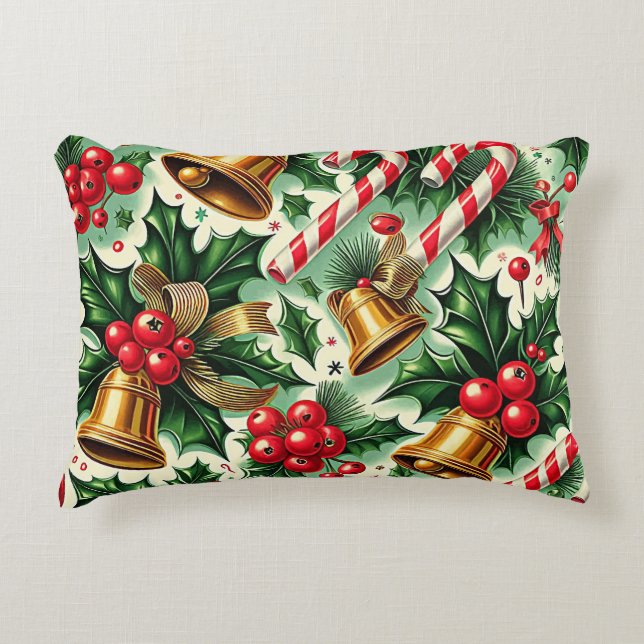 Christmas Bells holly candy canes art pattern Dekokissen (Vorderseite)