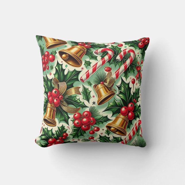 Christmas Bells holly candy canes art pattern Kissen (Vorderseite)