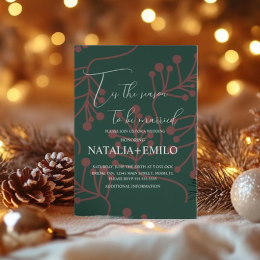 Christmas Berries Elegant Holiday Green Wedding  Einladung