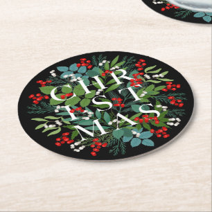 CHRISTMAS Berries Greenery Holiday Black Runder Pappuntersetzer